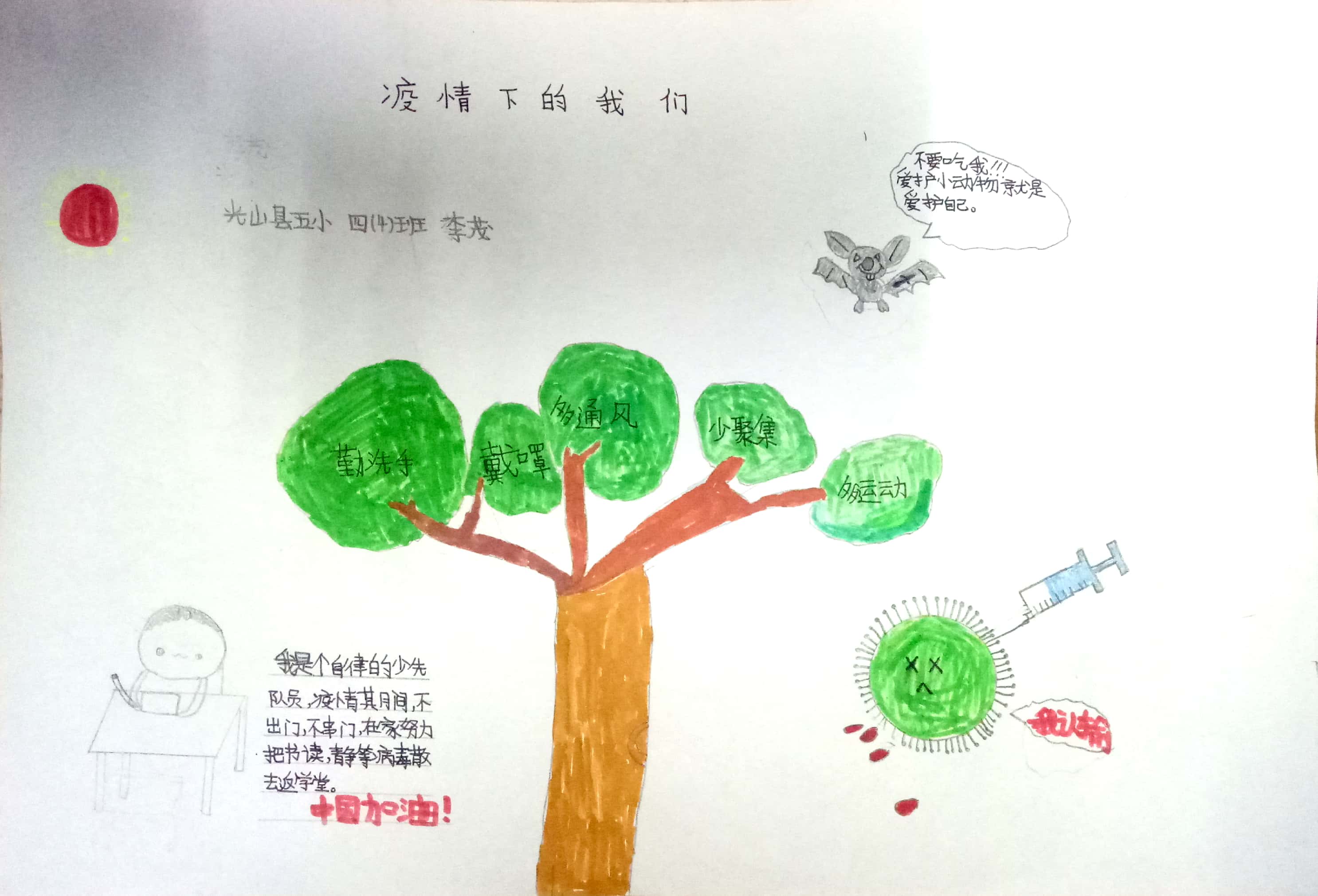 作品名称：疫情下的我们 学生姓名：李茂 所在学校：光山县第五完全小学 通讯地址：河.jpg